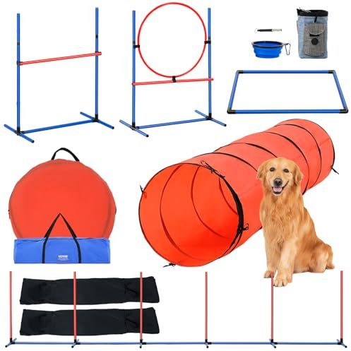 VEVOR Agility Set Hunde, 5-teiliges Upgrade-Set mit verstellbaren hohen Hürden, 6 Slalomstangen, verlängertem Tunnel, Sprungring, Pausenbox, Pfeife, faltbarem Napf, Hindernisparcours-Set mit Tasche