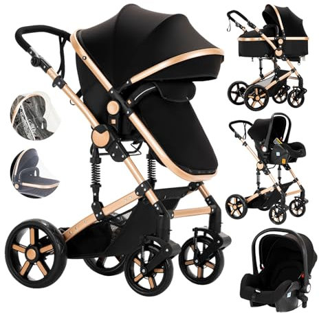Aveainelle Kinderwagen 3 in 1, Faltbarer Kinderwagen Set, Bequemer Multifunktionaler Kombikinderwagen 3 in 1 Komplettset (588 Black Gold)