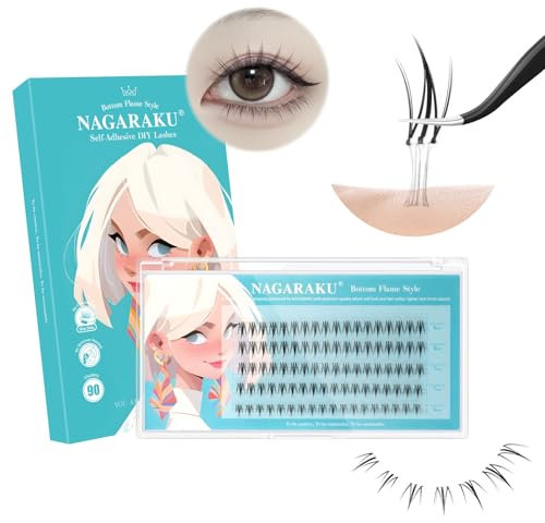 NAGARAKU Pestañas Inferiores Autoadhesivas 90 Racimos Pestañas Un Paso Presionando Sin Pegamento Ni Removedor Reutilizables Pre-pegado Bottom Lash Para Principiantes Llama Pequeña (0,07mm J 6-8mm)