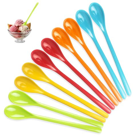 GIDWRIY 10 Pièces Cuillere a Dessert en Plastique Reutilisable,Cuillère à Café Longue,Cuillère Glace Couleur,Cuillère à Confiture Longue Manche,Cuillère Apéritif Lavable pour Thé, Yaourt, Cocktails