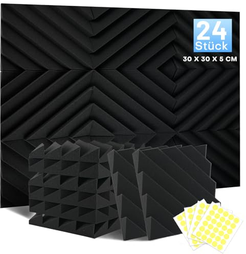 24 Stück Akustikschaumstoff Schalldämmung, 5 X 30 X 30CM Achallschutzplatten Akustikpaneele, Schallschutz Schallschutzplatten, Hochdichte Schalldämmung Akustikplatten für Gaming Zimmer und Büro