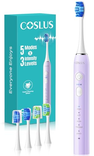 COSLUS C30 Electric Toothbrush for Adults, Effective Yet Gentle Ultra-Clean | 3 Intensities & 5 Modes, 2 Types Soft or Medium Firm Heads, Daily Care, Compact for Travel Use, Purple, 1PC