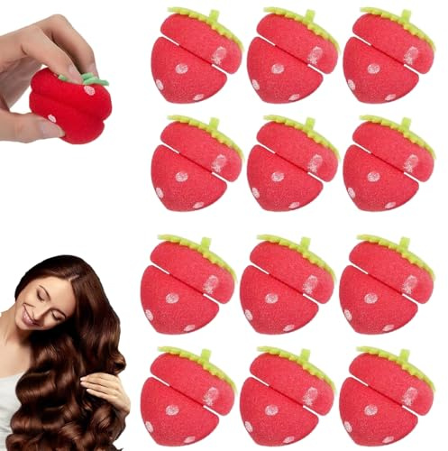 Strawberry Heatless Curlers, Soft Sponge Sleeping Hair Curlers, Strawberry Hair Rollers, Overnight Curlers for Medium Hair, Sponge Rollers for Women's Hair (12PCS, 1)