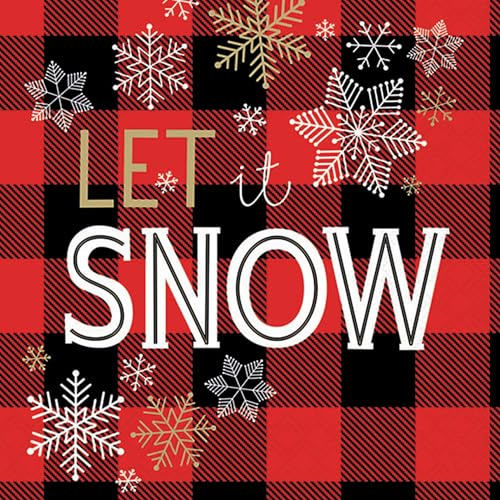 Servietten Papier 33x33cm 3-lagig 20 Stück - hochwertig & nachhaltig - Einweg Papierservietten mit Let it Snow Schriftzug - rot schwarz kariert mit Schneeflocken - moderne Winterservietten