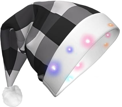 hhxvcv Chapeau de Noël unisexe noir et blanc imprimé à carreaux LED – Chapeau de Noël festif de vacances, chapeau de Père Noël en peluche, parfait pour un usage quotidien