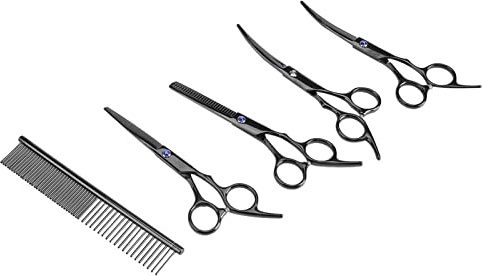 OPPWONG 7-teiliges Fellpflege-Scheren-Set für Haustiere, Professionelles Edelstahl-Friseurscheren-Set für Hunde Edelstahl-Haarschnitt-Werkzeuge mit Kamm und Etui Zum Schneiden