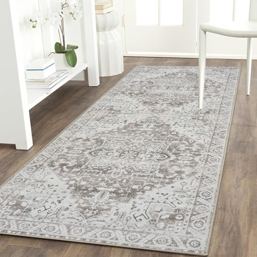 Famibay Teppich Schlazimmer 60x120cm Läufer Flur Vintage Beige Küchenläufer Waschbar Bettvorleger rutschfest Kurzflor Wohnzimmerteppich für Küche Eingang Haustür