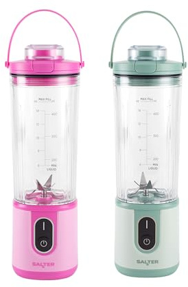 Salter ActiBoost Cordless Portable Blender Pack of 2 – 450ml Smoothie & Protein Blenders with Detachable Base, Pulse Function, 40s Countdown, BPA-Free, Stainless Steel Blades, 100W, Pink & Green