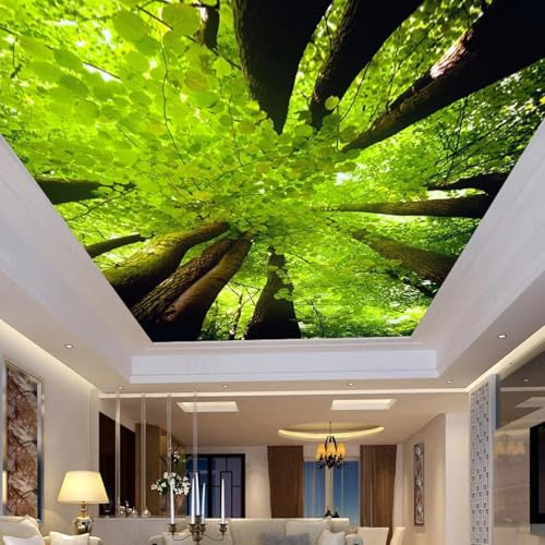 HAN MAN XIU Selbstklebende PVC-Decke 3D-Tapete Wald großer baum grünes Blatt Wohnzimmer Schlafzimmer Deckendekoration Wandverkleidung,