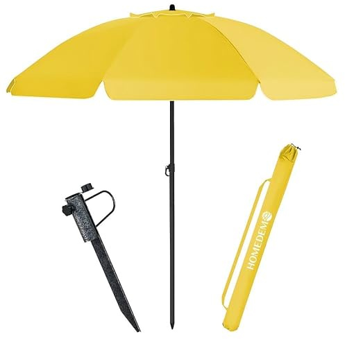 HOMEDEMO Parasol Plage Inclinable avec Revêtement Argenté, Protection Solaire UV50+, avec Pied de parasol à piquer & Housse de Protection, pour Terrasse, Piscine, Marché, 200cm, Jaune