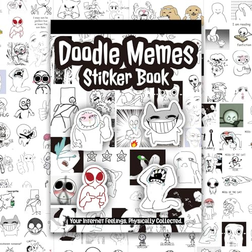 Doodle Meme Stickerbuch, 36 Blatt 460+ lustige Schwarz-Weiß Aufkleber, konturgeschnittene Vinyl Sticker für Erwachsene und Teenager, Journaling, Scrapbooking, Laptop, Wasserflasche und DIY