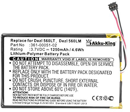 Akku kompatibel mit Garmin 361-00051-02, EE39EF08B0E36 - Li-Polymer 1250mAh - für Dezl 560, Dezl 560LT, Dezl 560LMT, Nüvi 2450, Garmin 4NSF