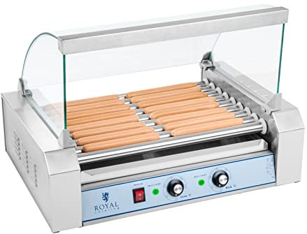 Royal Catering Máquina Asador de perritos calientes RCHG-9E (9 Rodillos, 16 Salchichas, 1800 W, 230 V, 2 Zonas calentadoras individuales, 58,8 x 40,5 x 41 cm, Acero inox)