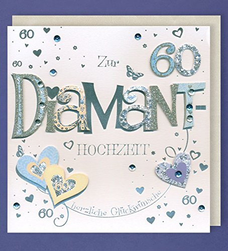 Diamanthochzeit Grußkarte 60 Handmade Applikation Herzen Silber Glitzer 21x21cm