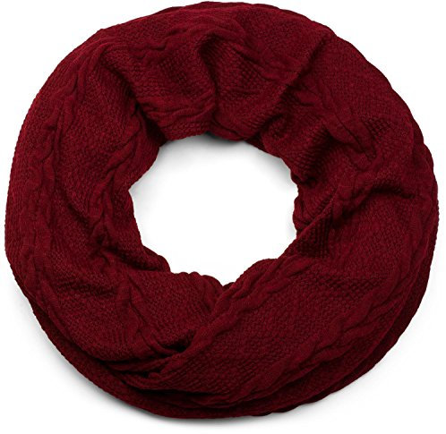 styleBREAKER Feinstrick Loop Schal mit Zopfmuster, Winter Schlauchschal, Loopschal, Strickschal, Unisex 01018151, Farbe:Bordeaux-Rot