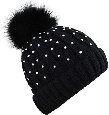 Sonia Originelli Winter Beanie Mütze Perlen Zopfmuster XL Bommel Teddyfell Farbe Schwarz
