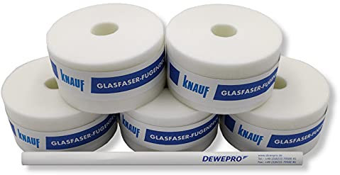 KNAUF® Lot de 5 bandes de recouvrement en fibre de verre – Rouleau 25m x 50mm – Bandes d'armature pour joints – Ruban pour la Réparation de Cloison Sèche - Set avec 1 crayon de charpentier DEWEPRO®