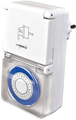 HEITECH Mini Zeitschaltuhr mechanisch für den Aussenbereich - Zeitschalter TÜV & GS geprüft, IP44, Kindersicherung, bis max. 16A & 3500W - 48 Schaltsegmente mit je 30 min