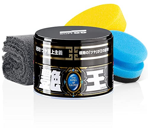 detailmate Soft99 Auto Versiegelung Wachs Set für dunkle Lacke - The King of Gloss Dark Weichwachs, Autowachs wasserabweisend, 300gr + Handpolierschwamm Applikator + Mikrofaser Poliertuch