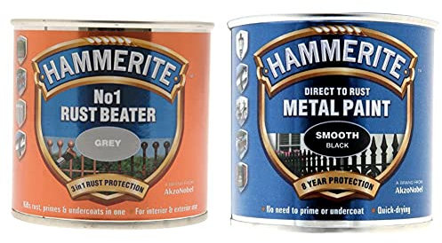 Hammerite 5158238 250ml Number 1 Rust Beater - Grey & Direct to Rust Metal Paint - Smooth Black Finish 250ML