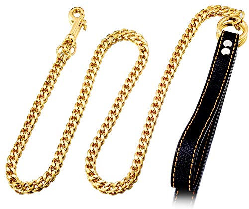 W/W Lifetime Chain Dog Leash - Metal Chew Proof, Leather Handle 11mm Gold 18K, 4.5FT Heavy Duty Pet Leash Chain with Padded Handle for Large, Medium, Small Dogs