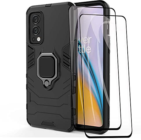 WEIOU Coque pour OnePlus Nord 2 5G ave 2 Verre Trempé, Étui Antichoc TPU/PC Housse ave Anneau Rotation de 360 ° Degres, Silicone Bumper Protection Case, Noir