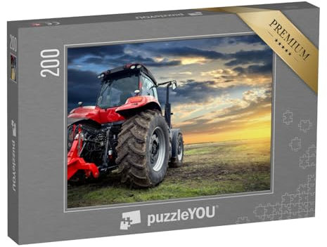 puzzleYOU: Puzzle 200 Teile „Traktor bei Sonnenuntergang, moderner Traktor in Großaufnahme“ – aus der Puzzle-Kollektion Traktoren