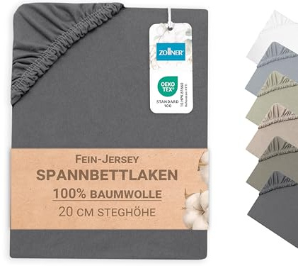 ZOLLNER Spannbettlaken in 100x200cm - Matratzenhöhe bis 20cm - Baumwolle - mit praktischem Gummizug - waschbar bis 60°C - in anthrazit - Oeko Tex® Zertifiziert