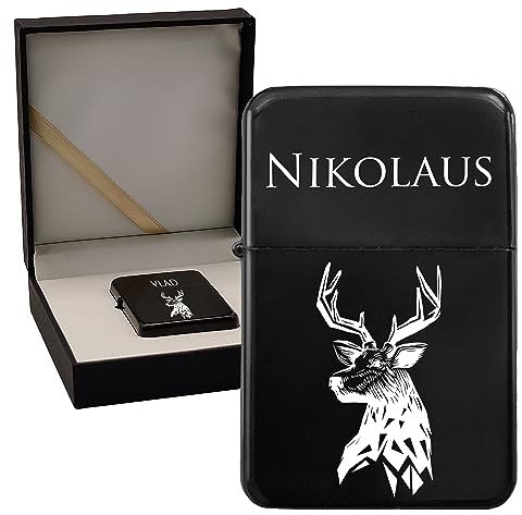 KDO MAGIC - Feuerzeug personalisiert - Eingravierter Vorname - Farbe Schwarz - Geschenkidee für Herren, Geburtstag, Vatertag (Motiv: Jagd)