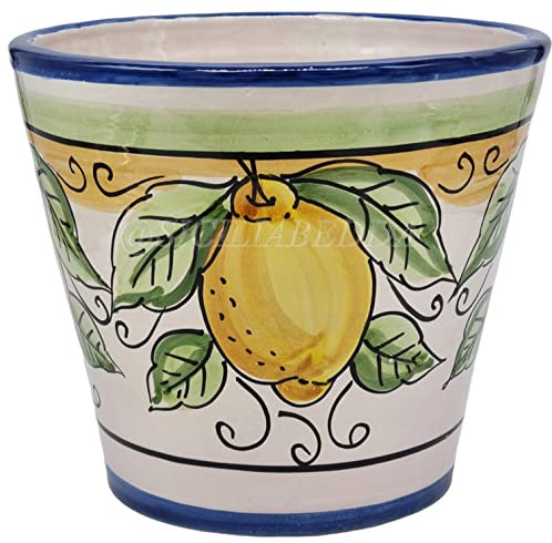 Sicilia Bedda - VASO TRADIZIONALE IN CERAMICA SICILIANA - Prodotto Artigianale di Alta Qualità - Altezza 17 CM Diametro 20 Cm (DECORAZIONE LIMONI)