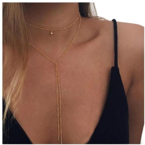 Dervivea Bohemia Layered Y Necklace Chain Gold Satellite Lariat Choker Necklace Long Y Shape Necklace Long Y Drop Necklace Chain Jewelry for Women and Girls