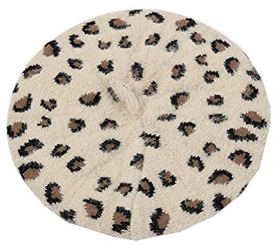 Knitted hat Leopard Knitted Berets for Women Fashion Plush Fleece Painter Hat Stretch Winter Warm Hats Ladies Flat Hats (Color : Beige, Size : One Size)