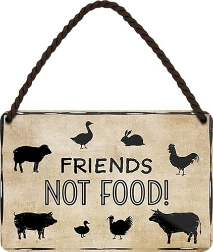 WOGEKA ART Targa in metallo retrò – FRIENDS, not FOOD – Scritta divertente come idea regalo per amici animali, vegetari, vegani per compleanno, Natale, 18 x 12 cm cartello sospeso HS828