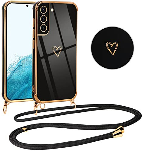 Vauki handyband für Samsung Galaxy S22 Plus 5G Hülle mit Band, Handyhülle mit Kette, Herz Motiv, Ultra Dünn Stoßfeste Aesthetic Case mit Kordel zum Umhängen für Samsung S22+ 5G 6.55, Schwarz