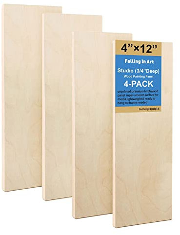 Falling in Art Unfinished Birch Wood Panels Kit for Painting, Wooden Canvas 4 Pack of 4x12 Studio 3/4 Deep, Cradle Boards for Pouring, Art, Crafts, Burning and More