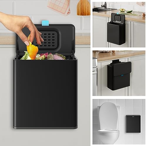 LINSSEN Poubelle à suspendre en acier inoxydable avec couvercle et seau intérieur, poubelle à compost de cuisine de 7,6 litres pour comptoir, sous évier ou montage mural, petite poubelle pour placard,