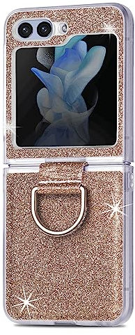 Glitter Case for Samsung Galaxy Z Flip 5 5G, Slim-Fit Soft Silicone TPU Protective Case with Ring Holder Kickstand Shockproof Bling Folding Phone Cover for Samsung Galaxy Z Flip 5 5G - Gold