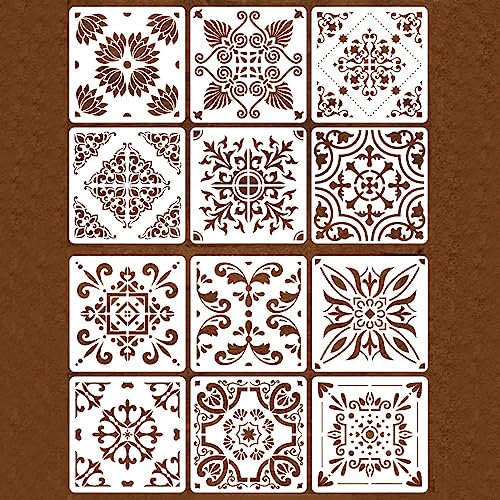 12 Stück Bodenfliesen-Malschablonen, Schablone zum Basteln, Wandkunst, wiederverwendbare Kunststoff-Schablonen zum Malen auf Platten, Wand, Boden, Holz, Möbel, Heimdekoration, Terrasse, 30 x 30 cm