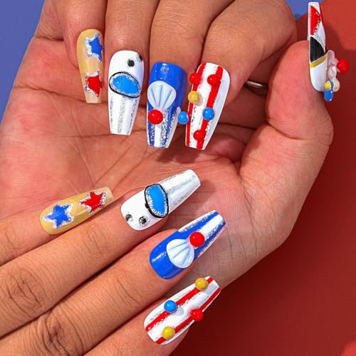 Sethexy Halloween bemalt Drücken Sie auf die Nägel Funkeln Handgefertigte künstliche Nägel 3D bunter Clown Langer Sarg-Kunstnagel Langlebige für Frauen und Mädchen