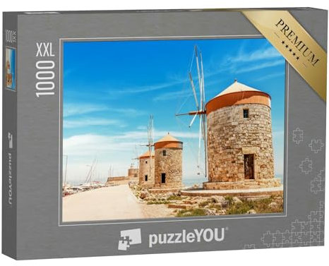 Puzzle 1000 Teile XXL „Hafen von Mandraki auf Rhodos mit Windmühlen, Griechenland“ – aus der Puzzle-Kollektion Rhodos