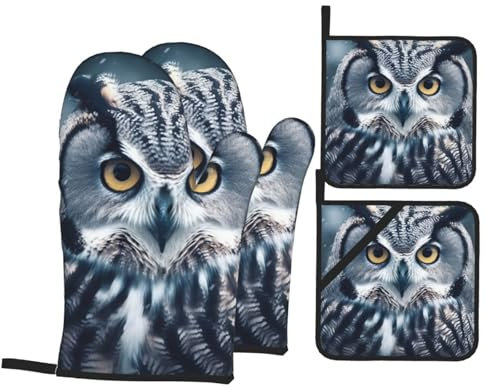 Ofenhandschuhe und Topflappen mit Eulen-Motiv, rutschfest, hitzebeständig, für Küche, Kochen, Backen, Grillen, Grillen, Einweihungsgeschenk, Grau und Weiß, 4 Stück