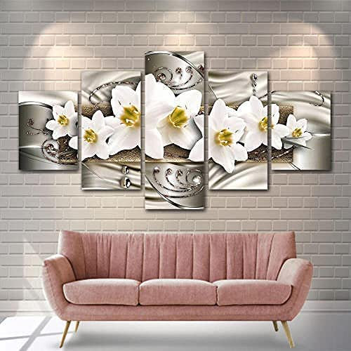Leinwand Bilder Lilie Orchidee, 5 Teilige Kunstdruck - Wandbilder Wohnzimmer, Schlafzimmer, Moderne Wanddeko, Bild Auf Leinwand (Xl/Mit Rahmen 150 X 100 Cm) -0A8Z-C6Q