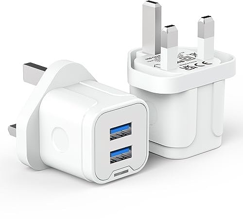USB Plug,2 Pack iPhone Dual USB Charger Plug Adaptor UK 3 Pin Mains Charger Double Port 5V 2.4Amp Phone Charging Plug for iPhone 15 14 13 12 11 Pro Max 10 XS X XR 8 7 6 Plus SE 2020,iPad Pro/Air