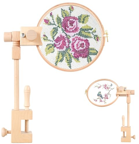 Alongen Embroidery Stand Table Clamp 360 Degree Rotation Beech Cross Stitch Holder Adjustable Embroidery Hoop Stand Clamp Desktop Embroidery Frame for DIY Craft Needlework Projects wo