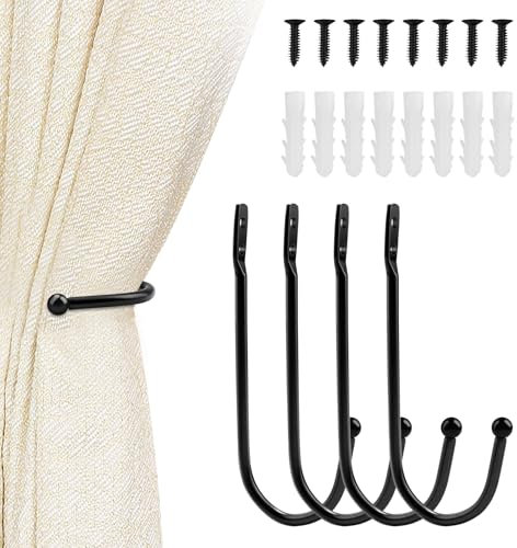 ALLisWE 4 Pieces Curtain Tie Backs Hooks, U-Shaped Metal Drapery Curtain Holdbacks, Curtain Holdback Black Decorative Curtain Holdback Curtain Holder With Screws for Curtains and Hanging Bags
