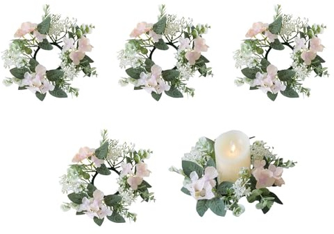 Huilimei 5 Stk. 25 cm Kerzenringe Kränze, künstliche Hortensien-Kerzen-Kränze für Säulen, Weihnachten, Hochzeit, Zuhause, Tisch, Partydekoration (Rosa)