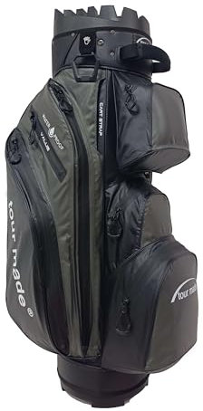 Tour Made Golfbag Cartbag I wasserdicht I ohne Schlägerklappern I Herren & Damen I Organizer Trolleybag Golftasche (Black-Grey)
