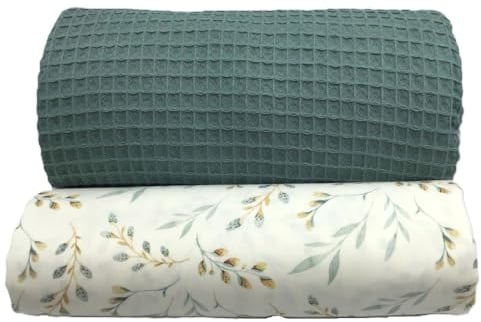 Waffelpique und Baumwollstoff Set | farblich abgestimmt | 100% Baumwolle | Ökotex | zum Nähen von Wickelunterlagen, Kissen, Babyzimmer-Ausstattung uvm. (Weidenzweig, dark mint)