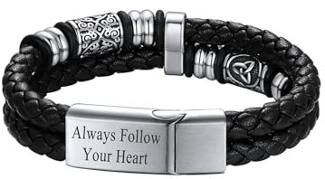 Richsteel Doppelreihiges Leder Armband für Herren mit Magnetverschluss aus Edelstahl Armspange Armband Keltische Elemente 23cm Silber personalisierte gravur