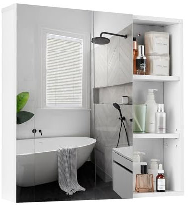 Mondeer Badezimmerschrank mit Spiegel, Spiegelschrank Bad der Wand montiert mit 1 Tür und 1 Tropfschale verstellbaren Ablagen Gestaltung der Belüftung, 65 x 15 x 65 cm, Weiß